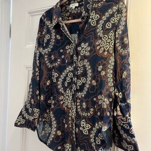A.L.C. Navy and Orange Patterned Blouse